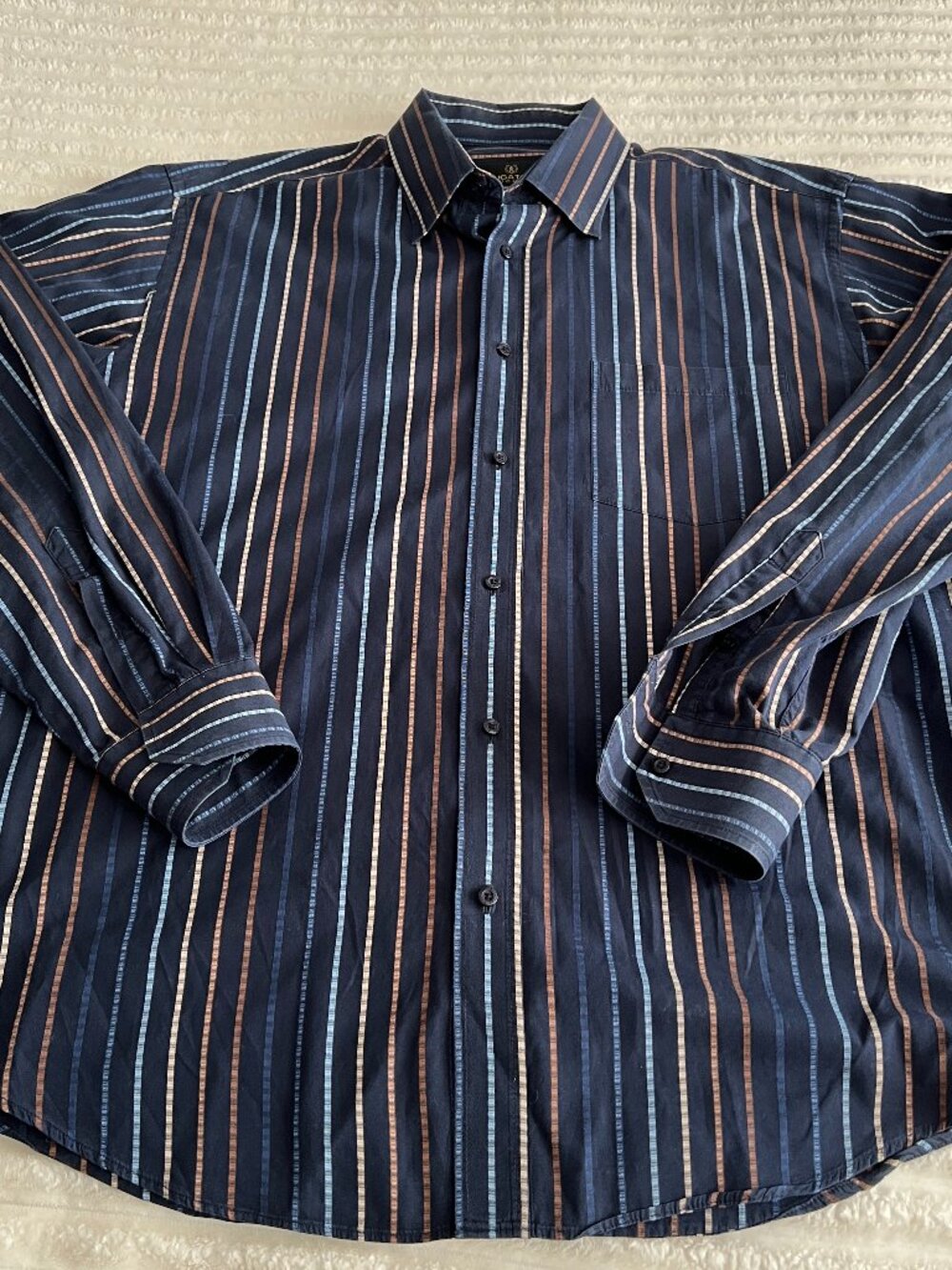 BUGATCHI UOMO L/S STRIPED BUTTON DOWN NAVY SHIRT-LARGE-EUC!
